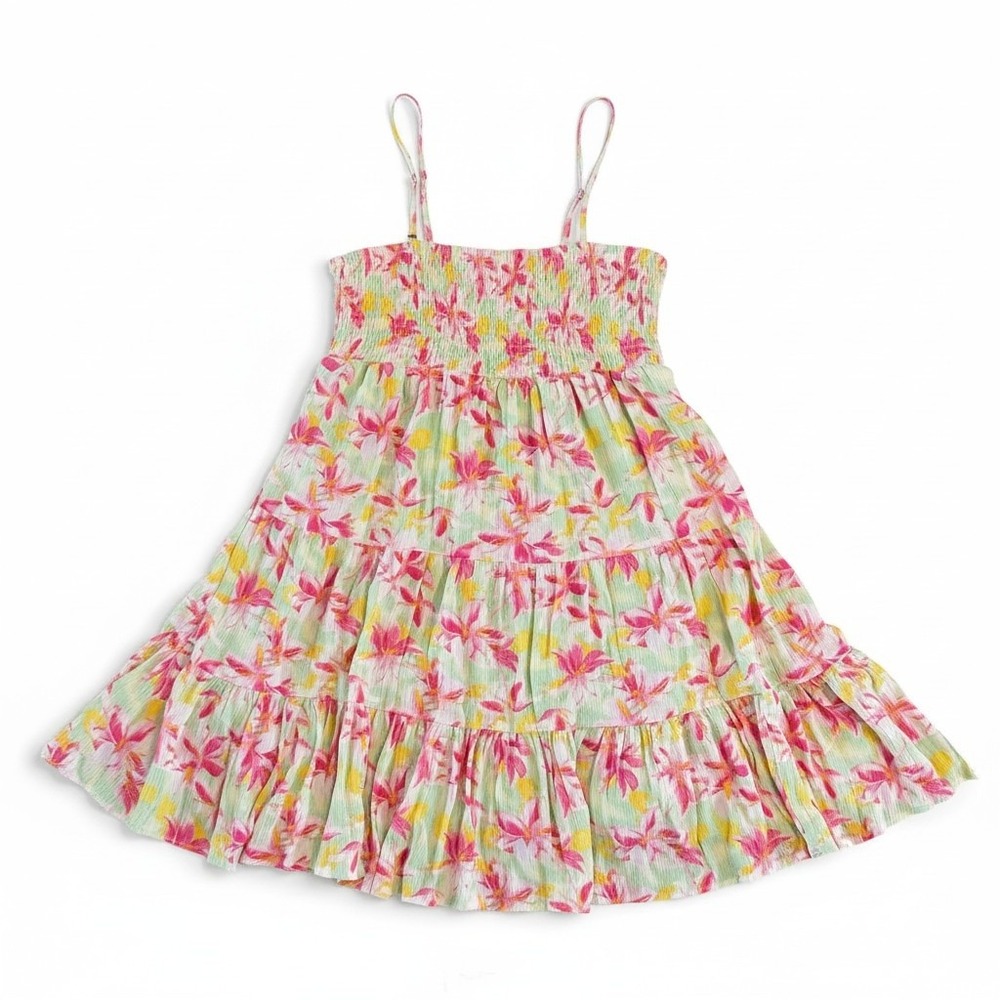 Womens Tropical Floral Smocked Tiered Mini Dress Pink Mint Summer Vacation Cover